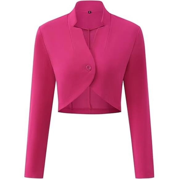 Women's Cropped Blazer: Long Sleeve Notched Collar Button Jacket, Lightweight - Picture 2 of 8